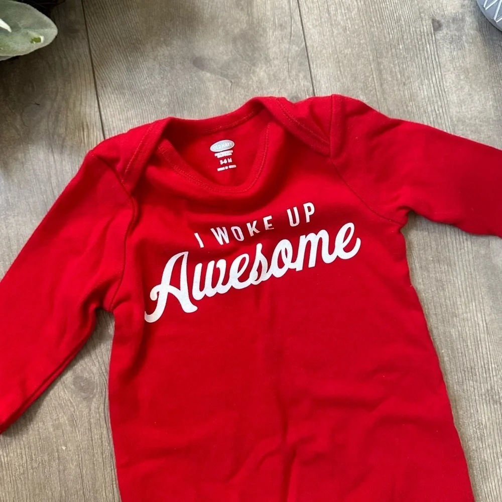 Old Navy Red 'I Woke Up Awesome' Kids One Piece Coveralls Romper 3-6 Months